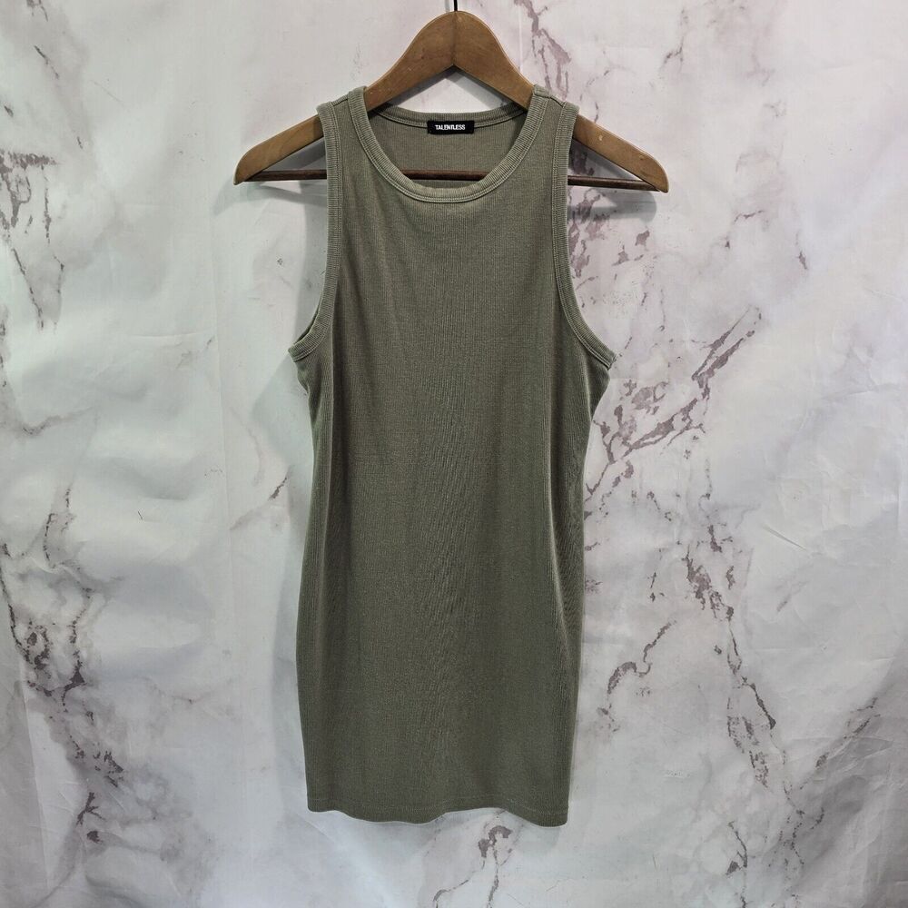 Talentless Dress Women Medium Green Rib High Neck Contour Tank Mini